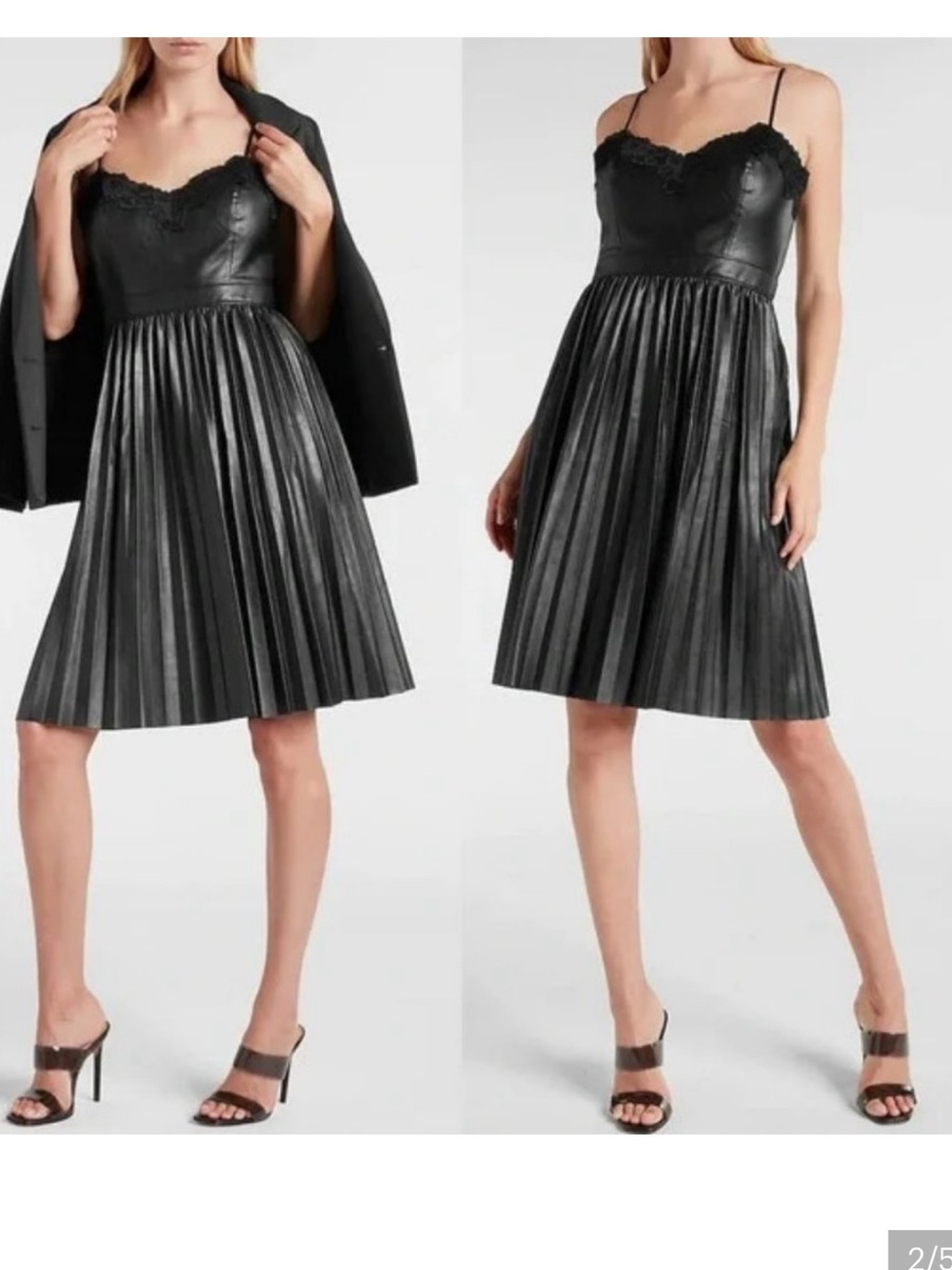 Express Black Faux Leather Pleated Midi Dress with Lace Trim - Picture 2 of 4